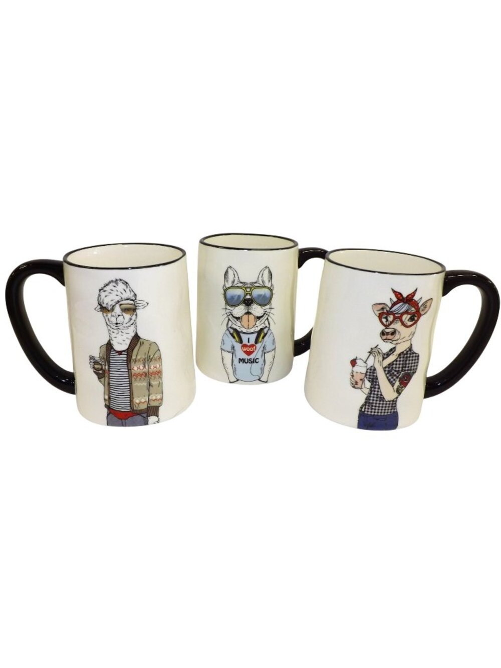 Funny Cups Set 3 Signature Housewares Stoneware Animal Themed Mugs Black Handles
